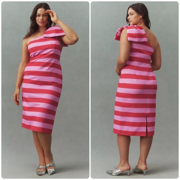 New! Sachin & Babi Fiona One-Shoulder Bow Striped Taffeta Midi Dress🎀 sz 16 NWT!